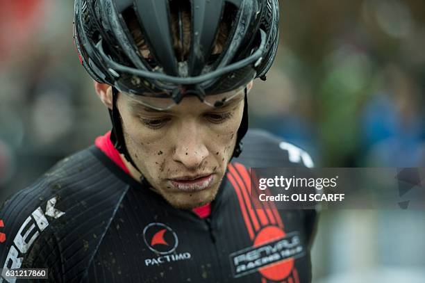 Rider Liam Killeen reacts after finishing second in the Elite Men's Championship on the second day of the 2017 British Cycling National Cyclo-Cross...