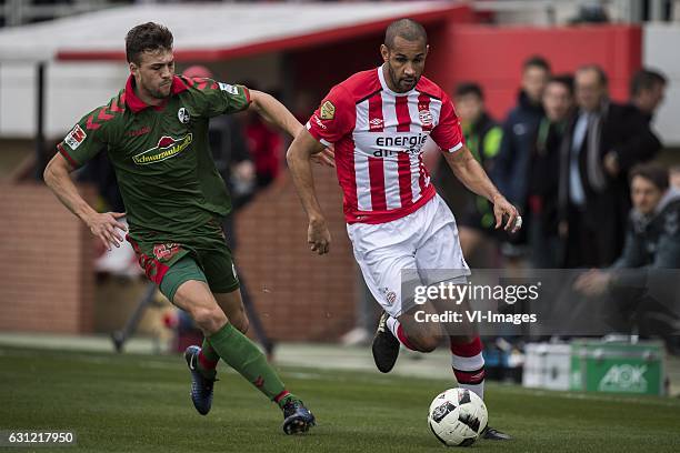 ,Jonas Meffert of SC Freiburg, Simon Poulsen of PSVduring the friendly match between PSV Eindhoven and SC Freiburg at the stadium Nuevo Mirador on...