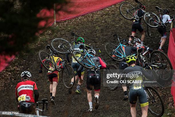 Riders compete in the Elite Men's Championship on the second day of the 2017 British Cycling National Cyclo-Cross Championships in Peel Park ,...