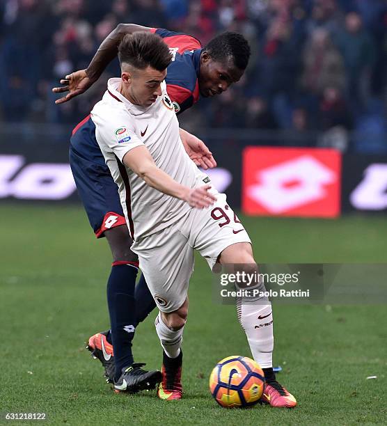 Stephan El Shaarawy of Roma challenged by Isaac Cofie during the Serie A match between Genoa CFC and AS Roma at Stadio Luigi Ferraris on January 8,...