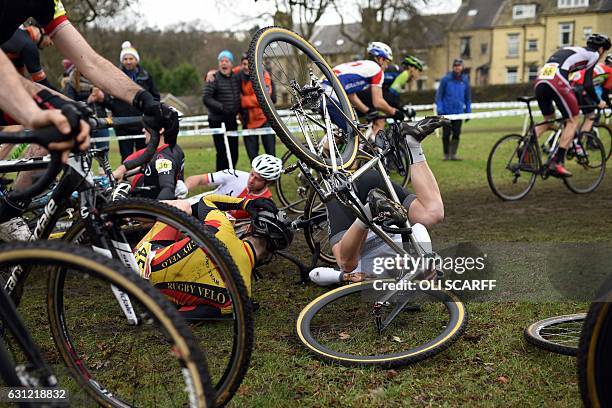 Multiple-rider crash takes place during the Elite Men's Championship on the second day of the 2017 British Cycling National Cyclo-Cross Championships...