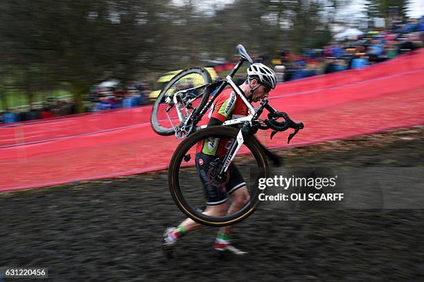 Rider competes in the Elite Men's Championship on the second day of the 2017 British Cycling National Cyclo-Cross Championships in Peel Park ,...