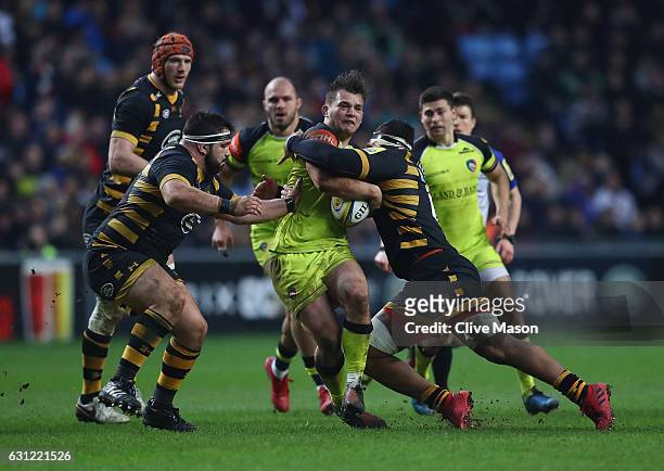 Will Evans of Leicester in action during the Aviva Premiership match between Wasps and Leicester Tigers at The Ricoh Arena on January 8, 2017 in...
