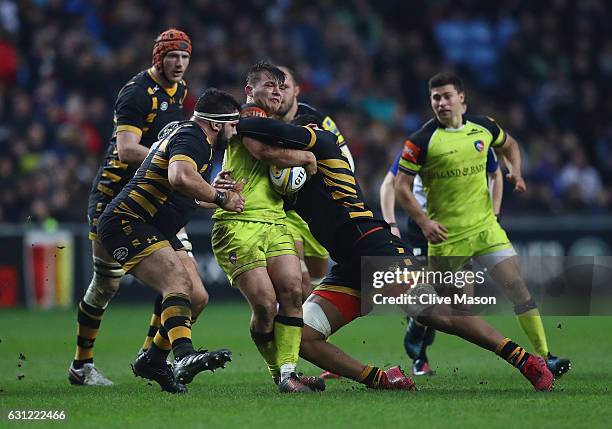 Will Evans of Leicester in action during the Aviva Premiership match between Wasps and Leicester Tigers at The Ricoh Arena on January 8, 2017 in...