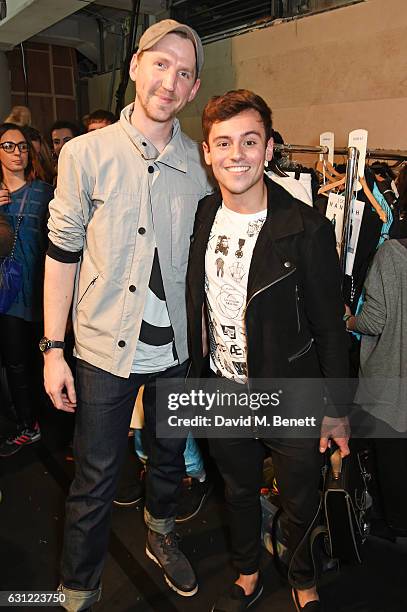 Christopher Raeburn and Tom Daley pose backstage at the Christopher Raeburn show during London Fashion Week Men's January 2017 collections at BFC...