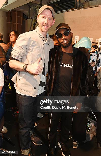 Christopher Raeburn and Tinie Tempah pose backstage at the Christopher Raeburn show during London Fashion Week Men's January 2017 collections at BFC...