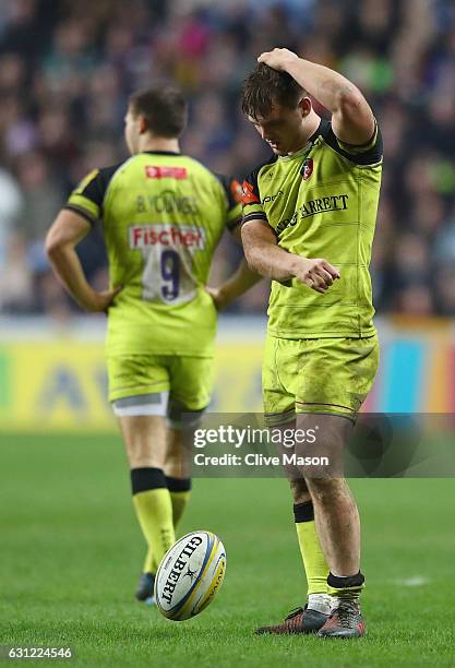 Will Evans of Leicester Tigers shows his frustration after a handling error during the Aviva Premiership match between Wasps and Leicester Tigers at...