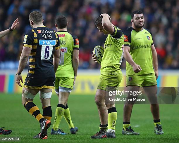 Will Evans of Leicester Tigers shows his frustration after a handling error during the Aviva Premiership match between Wasps and Leicester Tigers at...