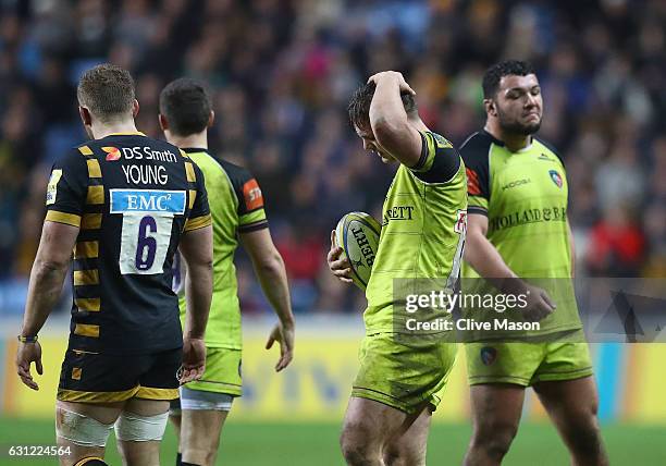 Will Evans of Leicester Tigers shows his frustration after a handling error during the Aviva Premiership match between Wasps and Leicester Tigers at...
