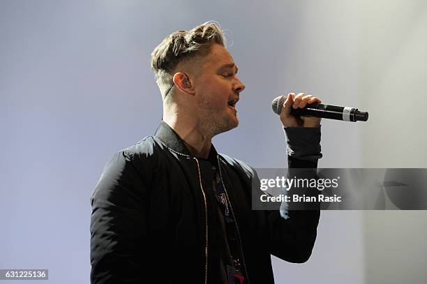 Tom Chaplin prepares during rehearsals ahead of a special concert Celebrating David Bowie With Gary Oldman & Friends on what would have been Bowie's...