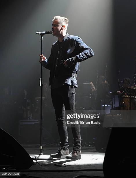 Tom Chaplin prepares during rehearsals ahead of a special concert Celebrating David Bowie With Gary Oldman & Friends on what would have been Bowie's...