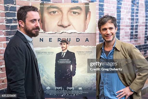 Director Pablo Larraín and Actor Gael García Bernal pose for a picture before the American Cinematheque Panel Discussion With Golden Globe Nominated...