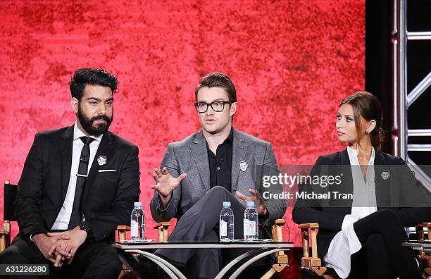 Rahul Kohli, Robert Buckley and Aly Michalka for the "iZombie" television show speak onstage during the 2017 Winter TCA Tour Panels - CW held at The...