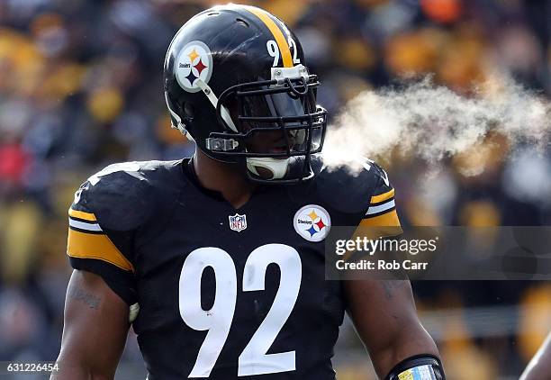 James Harrison of the Pittsburgh Steelers is seen on the field after a play during the first quarter against the Miami Dolphins in the AFC Wild Card...