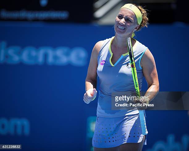 Title winner Svetlana Kuznetsova reacts during her match against Irina Begu on Day 1 at the Sydney Olympic Park Tennis Centre. Kuznetsova beat Begu...
