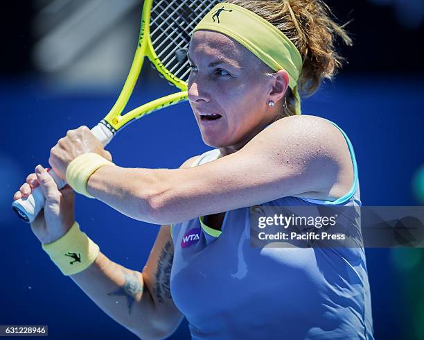 Title winner Svetlana Kuznetsova in action during her match against Irina Begu on Day 1 at the Sydney Olympic Park Tennis Centre. Kuznetsova beat...