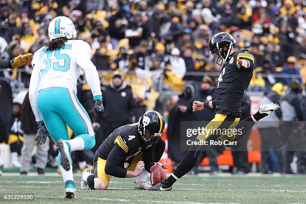 Chris Boswell of the Pittsburgh Steelers kicks a field goal during the third quarter against the Miami Dolphins in the AFC Wild Card game at Heinz...