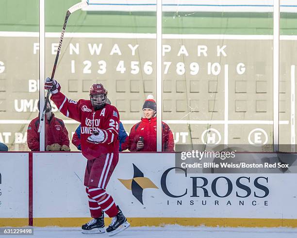 Jacob Forsbacka Karlsson of Boston University reacts after scoring a goal during the first period of a Frozen Fenway game against the University of...