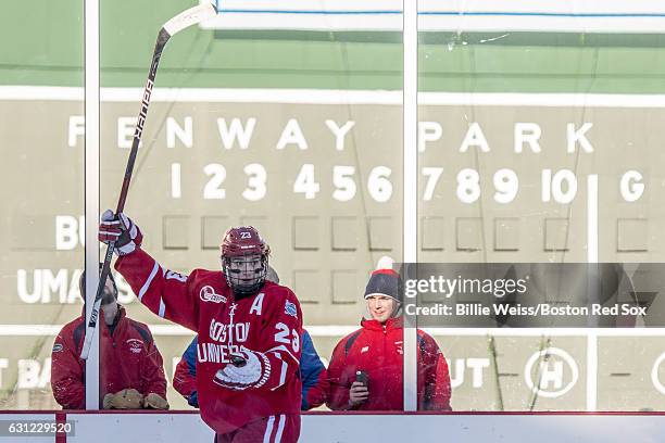 Jacob Forsbacka Karlsson of Boston University reacts after scoring a goal during the first period of a Frozen Fenway game against the University of...