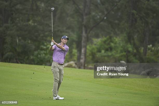 Seth Reeves plays his second shot on the ninth hole during the first round of The Bahamas Great Exuma Classic at Sandals - Emerald Reef Course on...