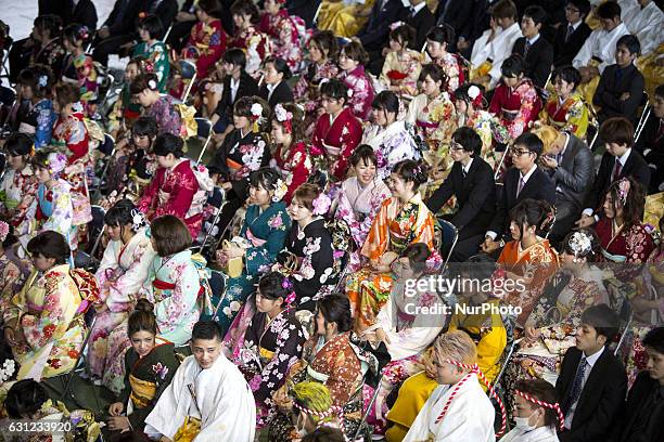 New adults in kimonos attend a Coming of Age Day celebration ceremony in Shuri Junior High School in Okinawa, Japan on January 8, 2017. The Coming of...