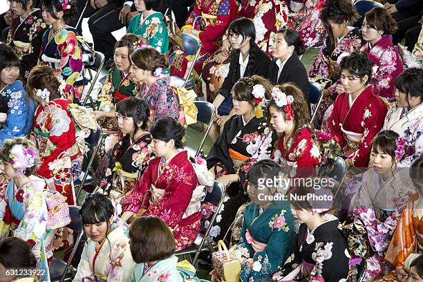 New adults in kimonos attend a Coming of Age Day celebration ceremony in Shuri Junior High School in Okinawa, Japan on January 8, 2017. The Coming of...