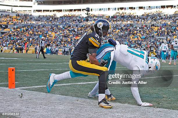 DeVante Parker of the Miami Dolphins is knocked out of bounds by Ross Cockrell of the Pittsburgh Steelers while attempting a two point conversion in...