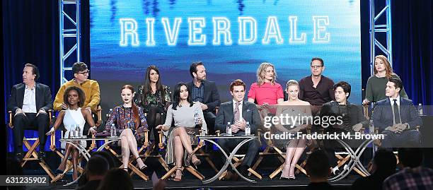 The cast Ashleigh Murry, Madelaine Petsch, Camila Mendes, K. J. Apa, Lili Reinhart, Cole Sprouse and Casey Cott, back row left to right) Jon...