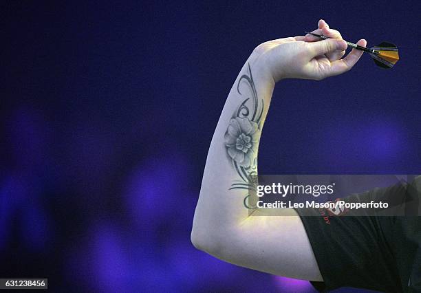 Sharon Prins of the Netherlands in action on Day Two of the BDO Lakeside World Professional Darts Championships at The Lakeside Country Club on...