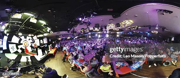 Spectators watching play on Day Two of the BDO Lakeside World Professional Darts Championships at The Lakeside Country Club on January 8, 2017 in...