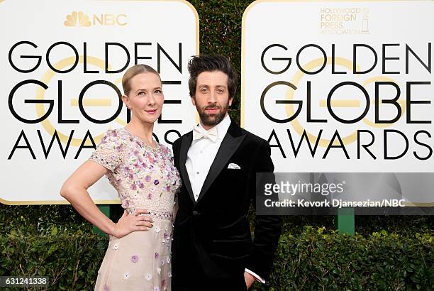 74th ANNUAL GOLDEN GLOBE AWARDS -- Pictured: Actors Jocelyn Towne and Simon Helberg arrive to the 74th Annual Golden Globe Awards held at the Beverly...