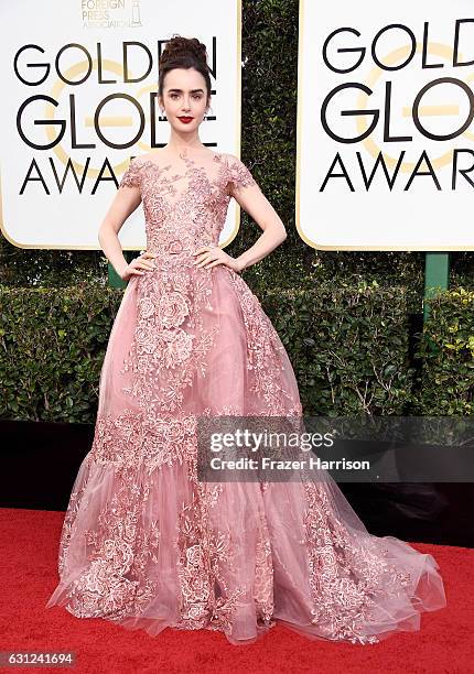 Actress Lily Collins attends the 74th Annual Golden Globe Awards at The Beverly Hilton Hotel on January 8, 2017 in Beverly Hills, California.