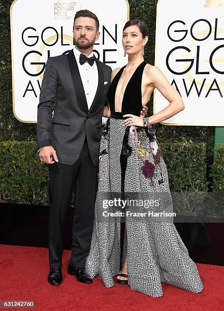 Singer/actor Justin Timberlake and actress Jessica Biel attend the 74th Annual Golden Globe Awards at The Beverly Hilton Hotel on January 8, 2017 in...