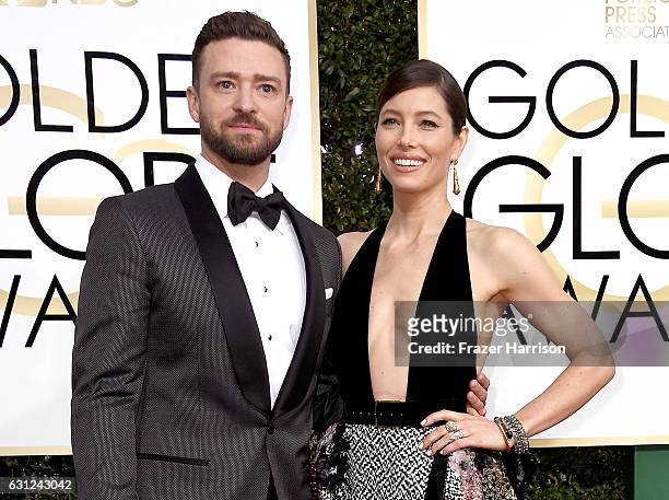 Singer/actor Justin Timberlake and actress Jessica Biel attend the 74th Annual Golden Globe Awards at The Beverly Hilton Hotel on January 8, 2017 in...