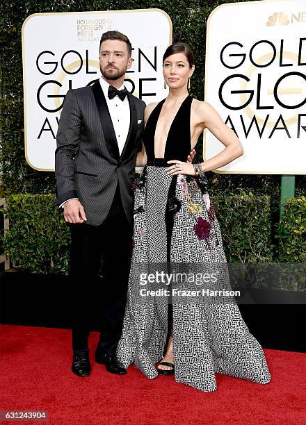 Recording artist Justin Timberlake and actress Jessica Biel attend the 74th Annual Golden Globe Awards at The Beverly Hilton Hotel on January 8, 2017...
