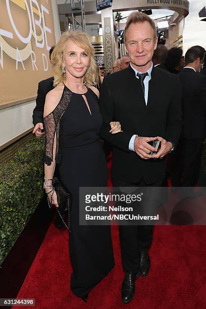 74th ANNUAL GOLDEN GLOBE AWARDS -- Pictured: Producer/actress Trudie Styler and recording artist Sting arrive to the 74th Annual Golden Globe Awards...