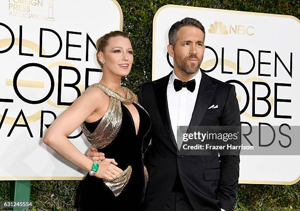 Actors Blake Lively and Ryan Reynolds attend the 74th Annual Golden Globe Awards at The Beverly Hilton Hotel on January 8, 2017 in Beverly Hills,...