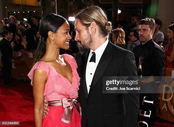 Actress Zoe Saldana and Marco Perego attend the 74th Annual Golden Globe Awards at The Beverly Hilton Hotel on January 8, 2017 in Beverly Hills,...