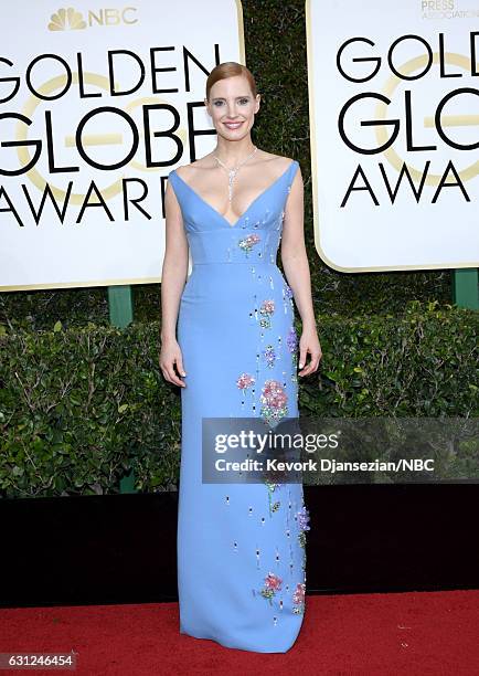 74th ANNUAL GOLDEN GLOBE AWARDS -- Pictured: Actress Jessica Chastain arrives to the 74th Annual Golden Globe Awards held at the Beverly Hilton Hotel...