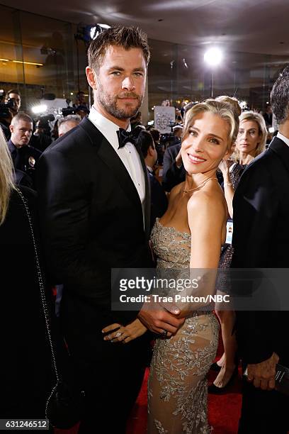 74th ANNUAL GOLDEN GLOBE AWARDS -- Pictured: Actor Chris Hemsworth and model Elsa Pataky arrive to the 74th Annual Golden Globe Awards held at the...