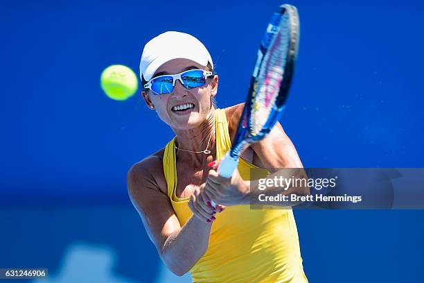 Arina Rodionova of Australia plays a backhand shot in her first round match against Johanna Konta of Great Britain during day two of the 2017 Sydney...