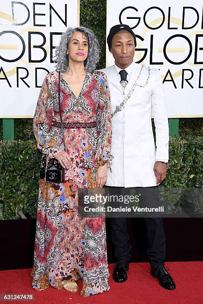 Mimi Valdes and Pharrell Williams attend the 74th Annual Golden Globe Awards at The Beverly Hilton Hotel on January 8, 2017 in Beverly Hills,...