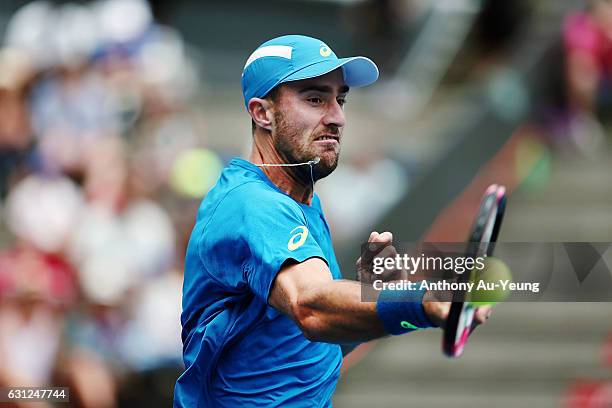 Steve Johnson of USA plays a forehand in his match against Stephane Robert of France on day eight of the ASB Classic on January 9, 2017 in Auckland,...