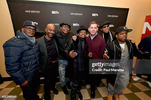 Brooke Payne, Bobby Brown, Ronnie DeVoe, Rickie Bell, Boston Mayor Marty Walsh and Michael Bivins attend BET's Boston screening of 'The New Edition...