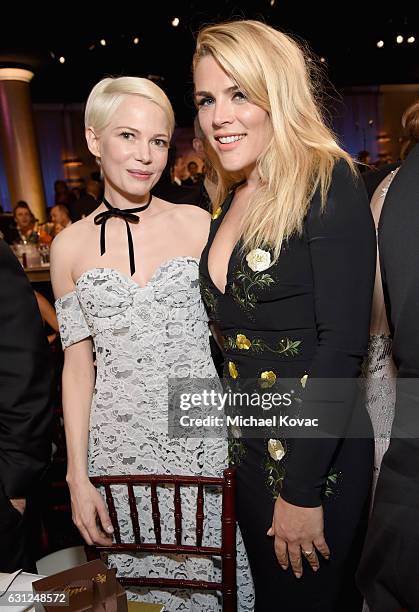 Actresses Michelle Williams and Busy Philipps attend the 74th Annual Golden Globe Awards at The Beverly Hilton Hotel on January 8, 2017 in Beverly...