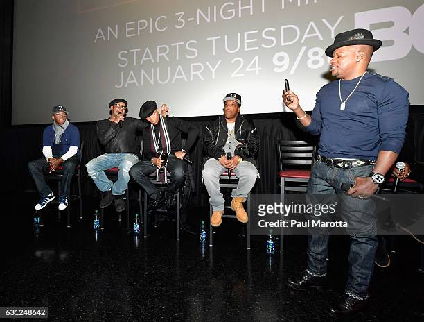 Brooke Payne, Bobby Brown, Rickie Bell, Ronnie DeVoe and Michael Bivins attend BET's Boston screening of 'The New Edition Story' at AMC Boston Common...