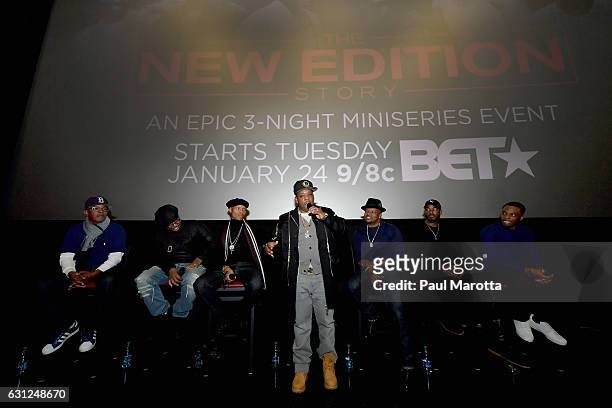 Brooke Payne, Bobby Brown, Rickie Bell, Ronnie DeVoe and Michael Bivins attend BET's Boston screening of 'The New Edition Story' at AMC Boston Common...