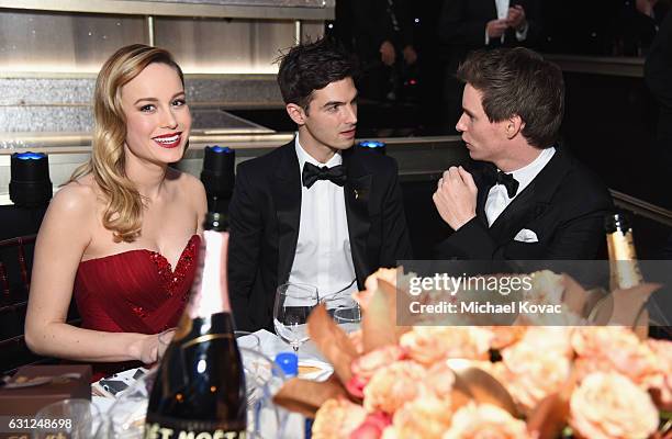 Brie Larson, Alex Greenwald, and Eddie Redmayne attend the 74th Annual Golden Globe Awards at The Beverly Hilton Hotel on January 8, 2017 in Beverly...