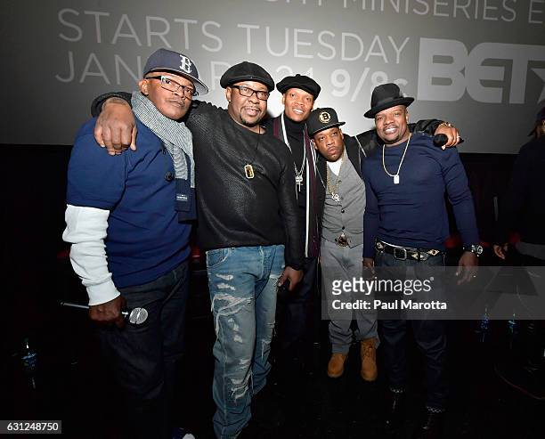Brooke Payne, Bobby Brown, Ronnie DeVoe, Rickie Bell and Michael Bivins attend BET's Boston screening of 'The New Edition Story' at AMC Boston Common...