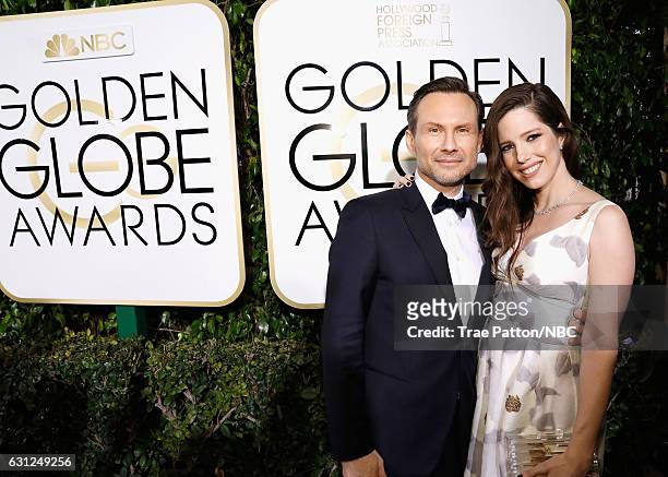 74th ANNUAL GOLDEN GLOBE AWARDS -- Pictured: Actor Christian Slater and Brittany Lopez arrive to the 74th Annual Golden Globe Awards held at the...